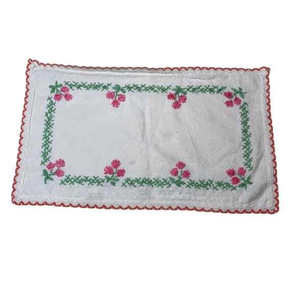 Vintage Handkerchief Hankie Doily Hand Embroidered Rectangle Flowers & Edged - Picture 5 of 5